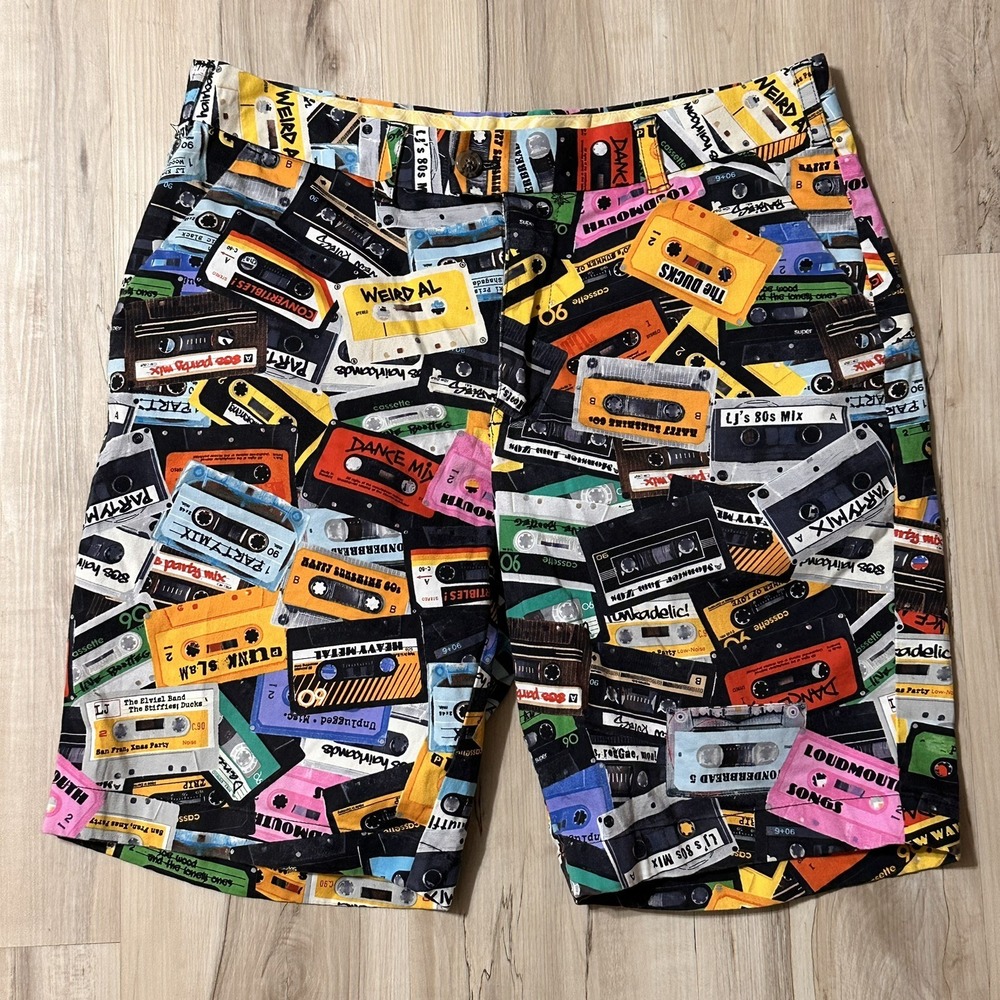 Loudmouth "Party Mix" Retro Cassette Tape Multi Color Golf Shorts Men's 34